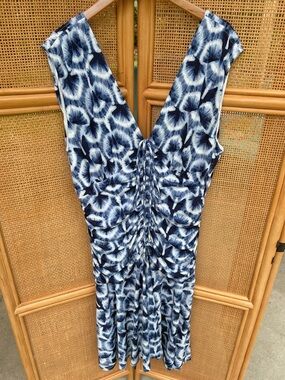 Tie Shoulder Endless Blue Ruched V-Neck Dress White House Black Market